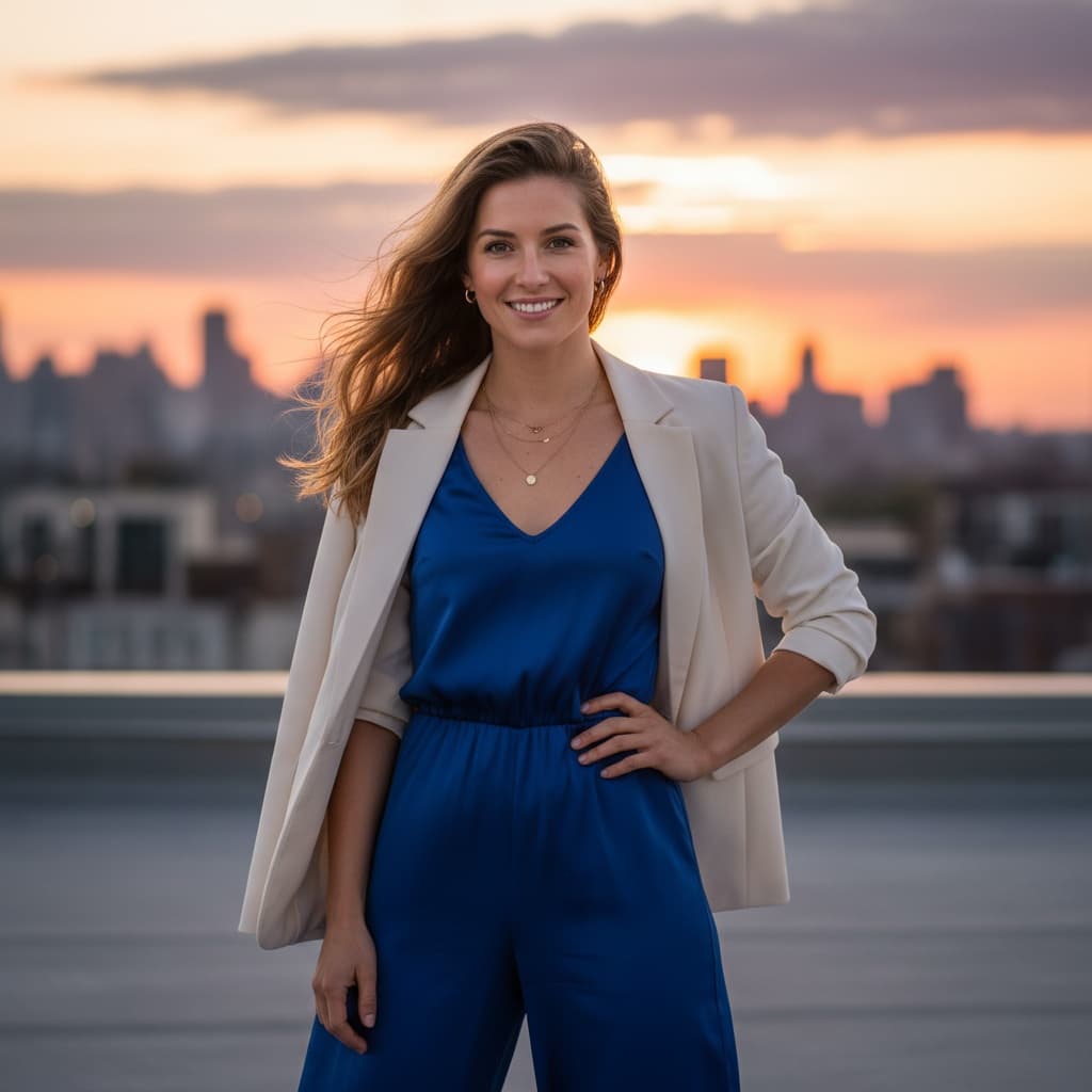 athletic white woman rooftop cityscape sunset 61830082
