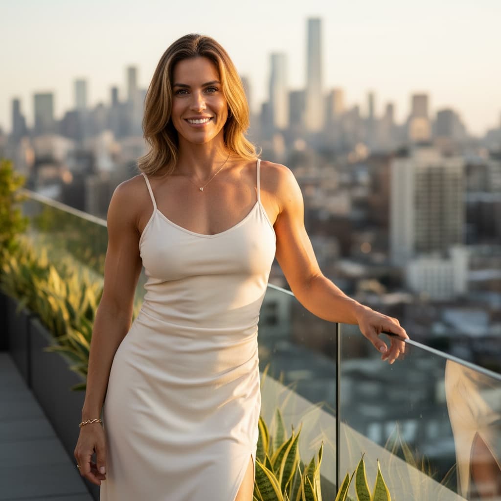 athletic white woman rooftop terrace urban chic 92322486