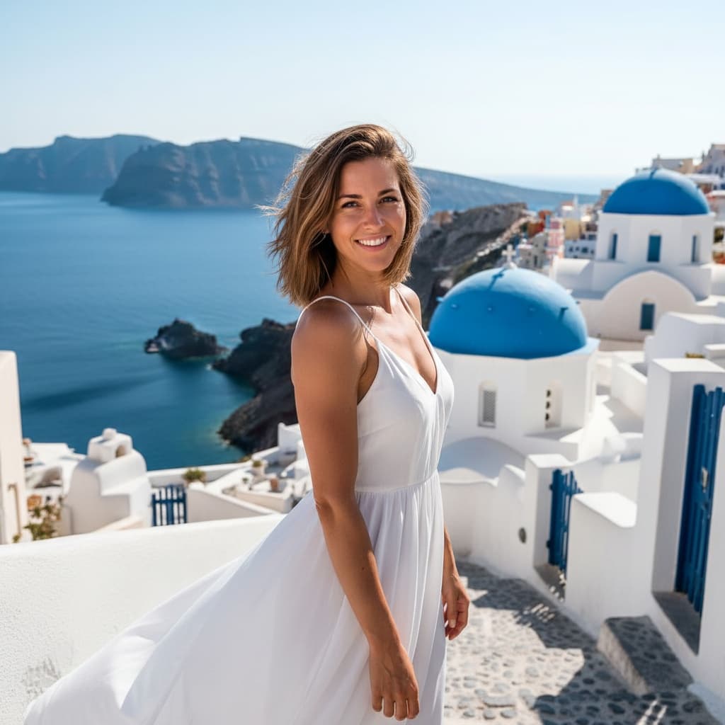 athletic white woman santorini blue domes 73972320