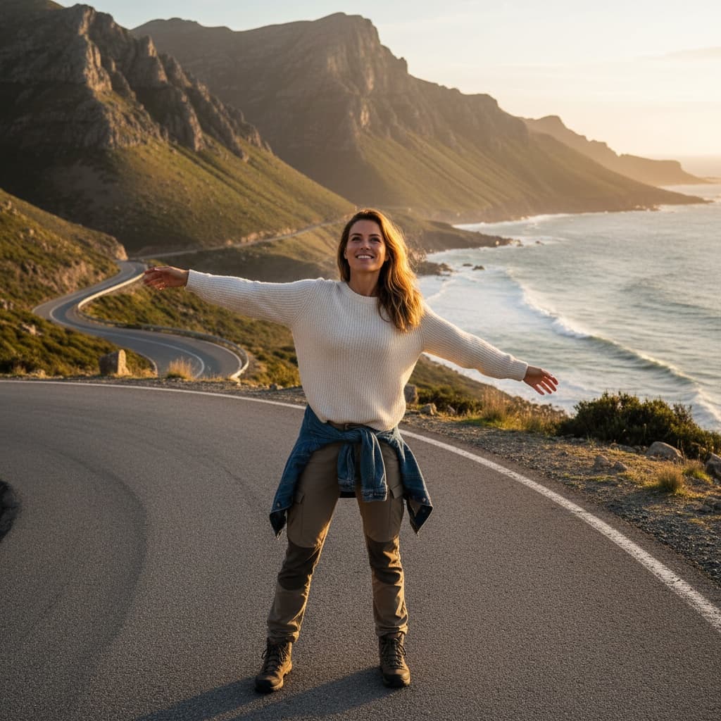 athletic white woman scenic road wanderlust 66715253
