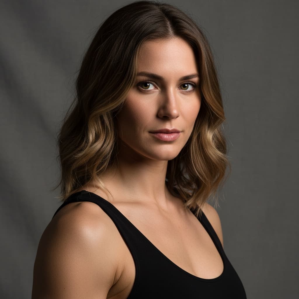 athletic white woman serious editorial look 50369600