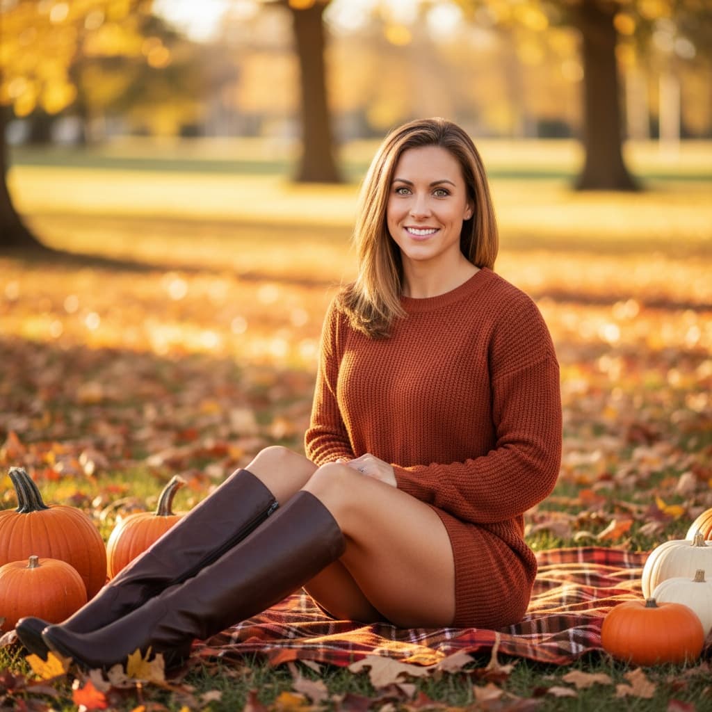 athletic white woman sitting on fall blanket 21728721