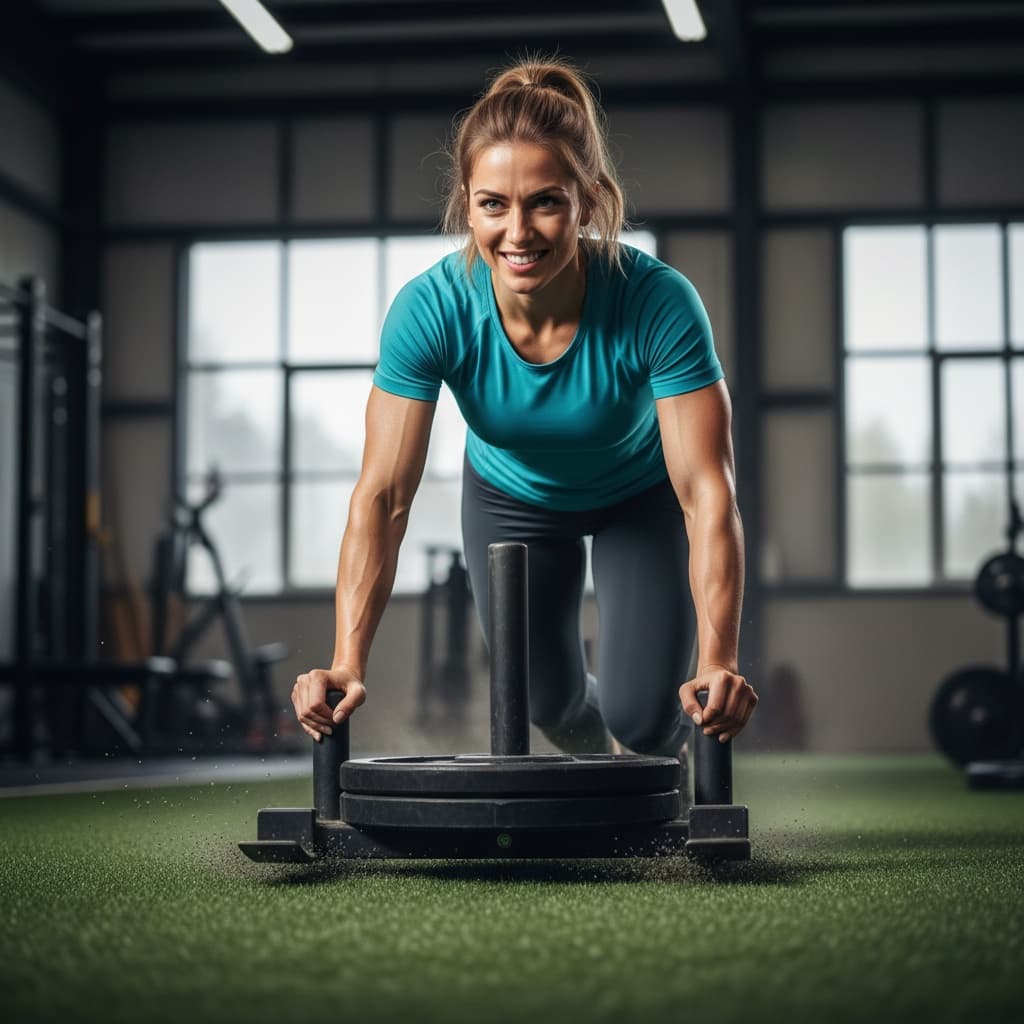 athletic white woman sled push power drive 83316005
