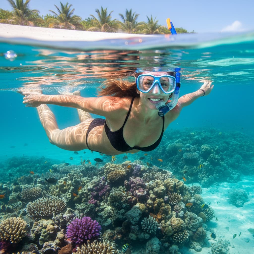 athletic white woman snorkeling clear water 83273751