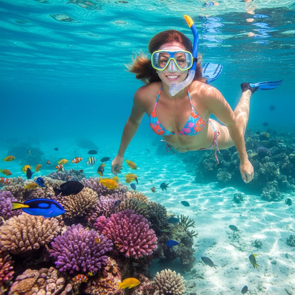 athletic white woman snorkeling coral reef 66364918