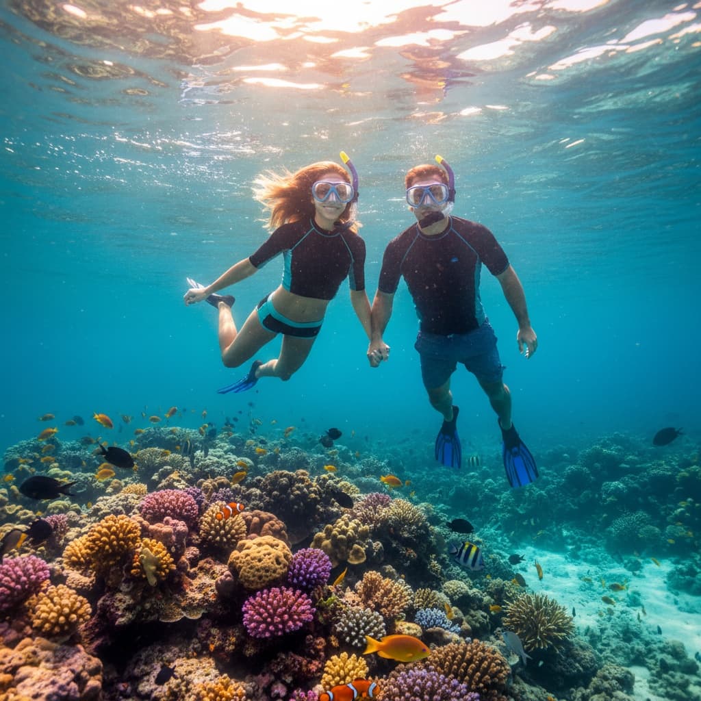 athletic white woman snorkeling underwater couple 75083076