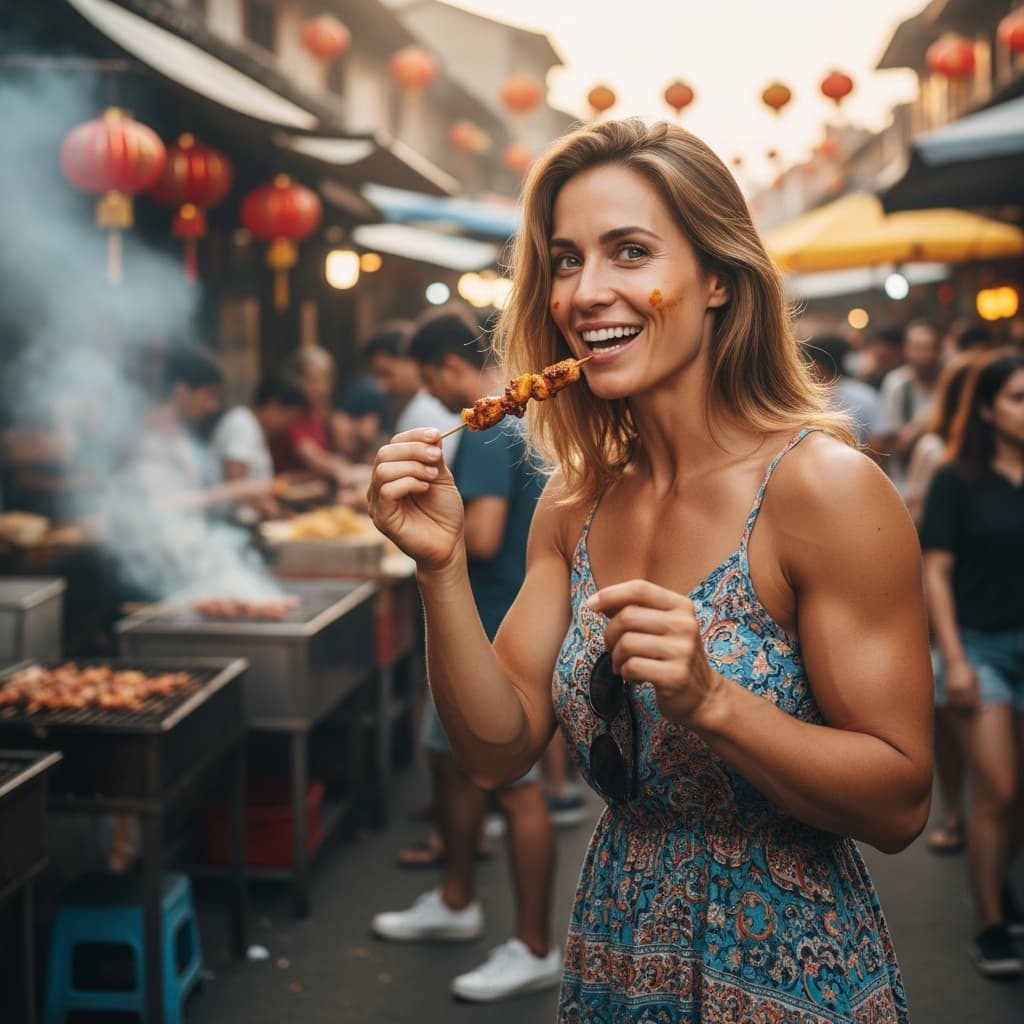 athletic white woman street food adventure 70050231