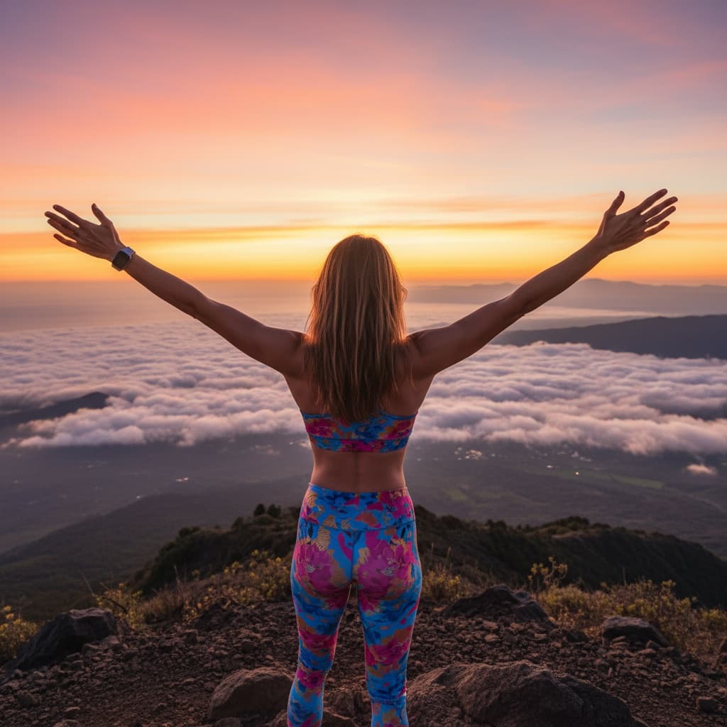 athletic white woman sunrise hike summit 65196403