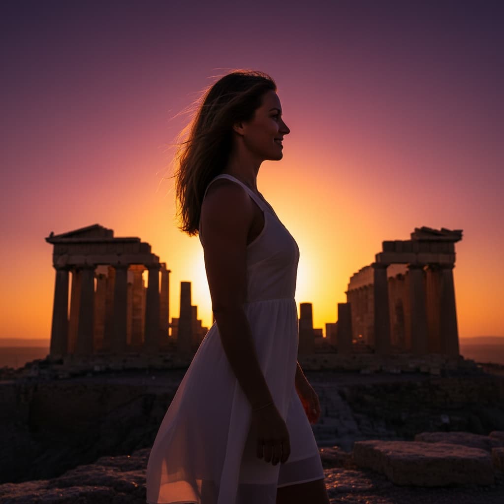 athletic white woman sunset acropolis silhouette 36523381