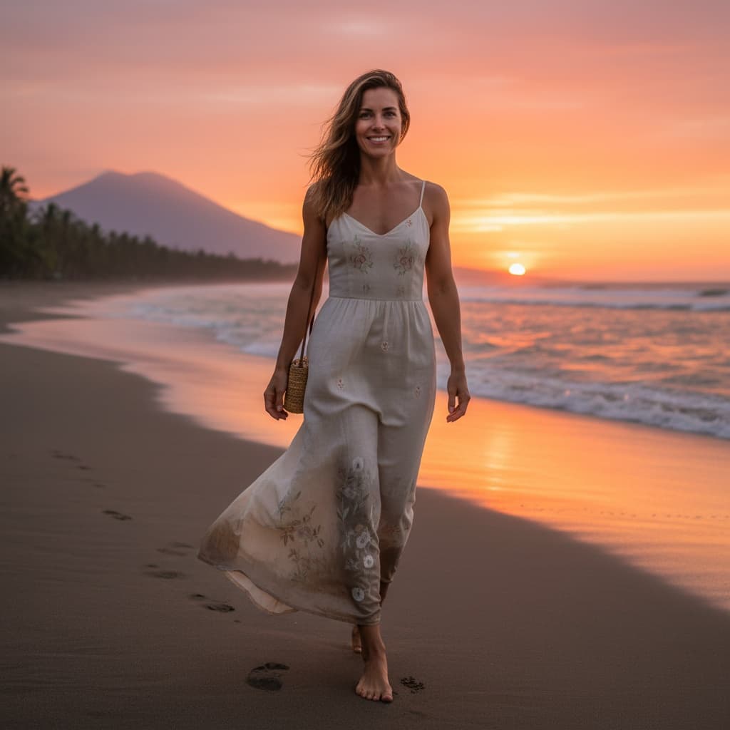 athletic white woman sunset beach walk 67865189
