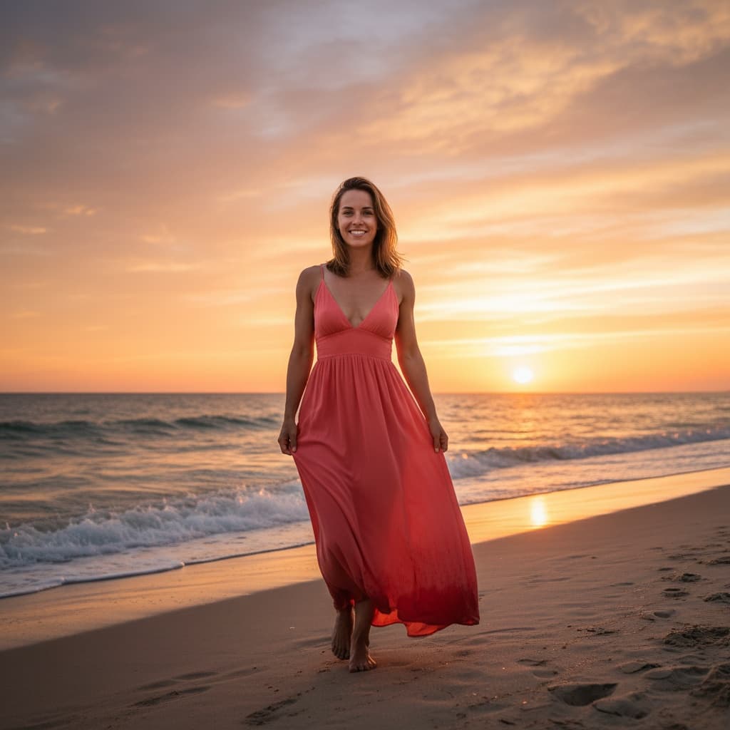 athletic white woman sunset beach walk romantic 44329406