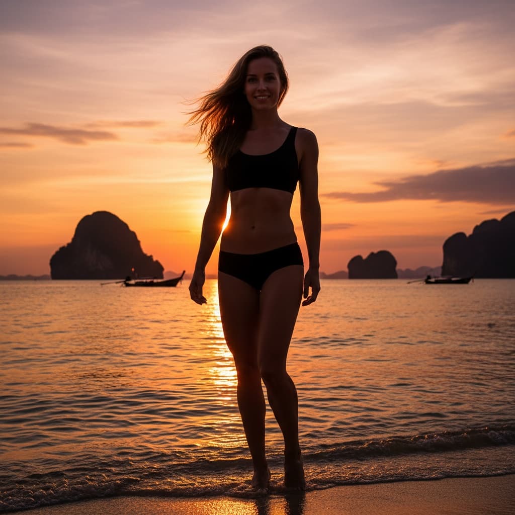 athletic white woman sunset silhouette coast 56150944
