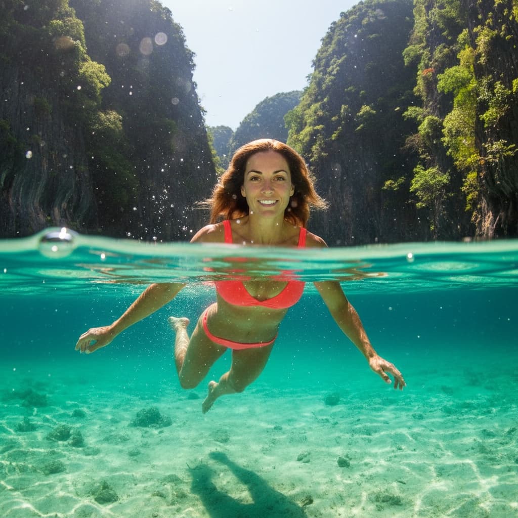 athletic white woman swimming emerald lagoon 36628055
