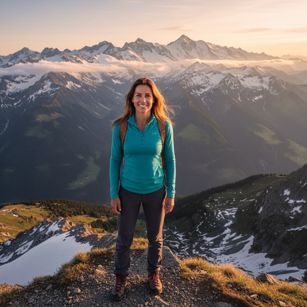 athletic white woman swiss alps mountain view 68586073