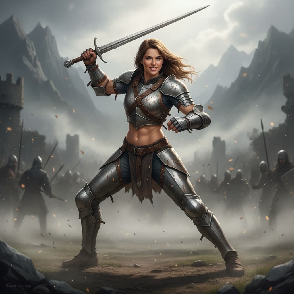 athletic white woman sword combat ready pose 38060252