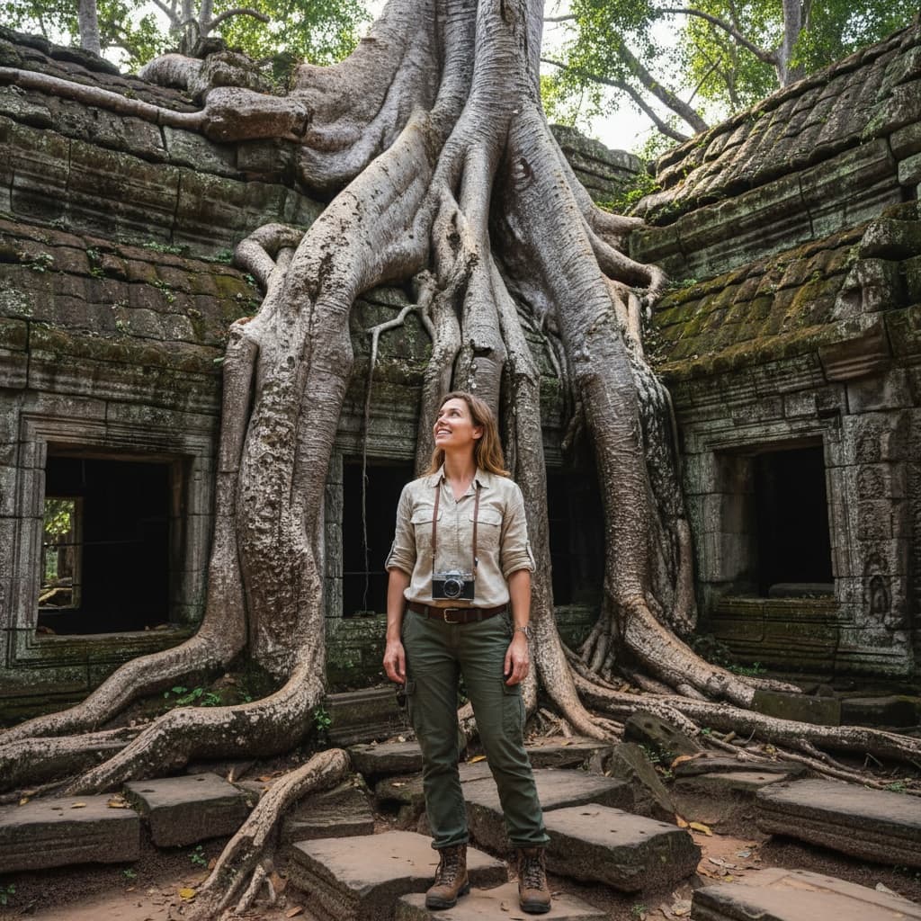 athletic white woman ta prohm jungle temple roots 87839987