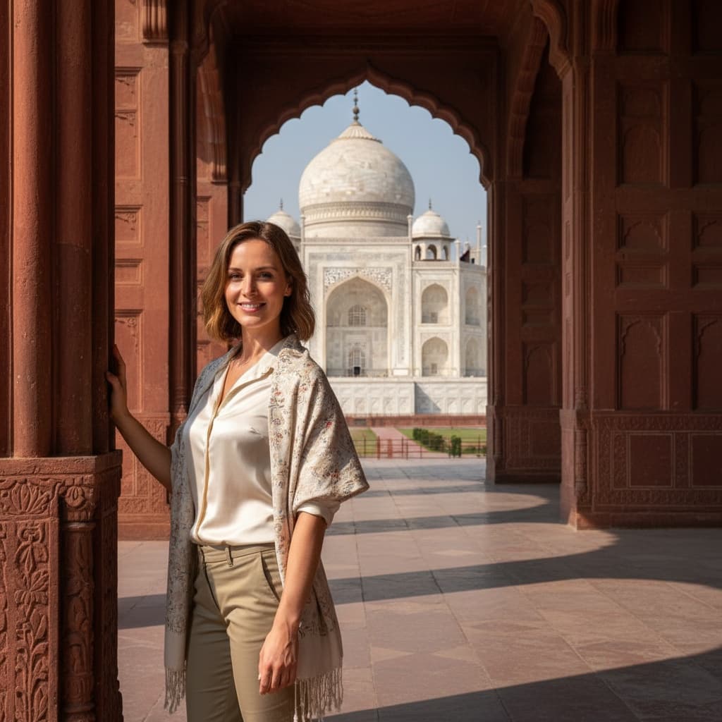athletic white woman taj mahal archway frame 94153229