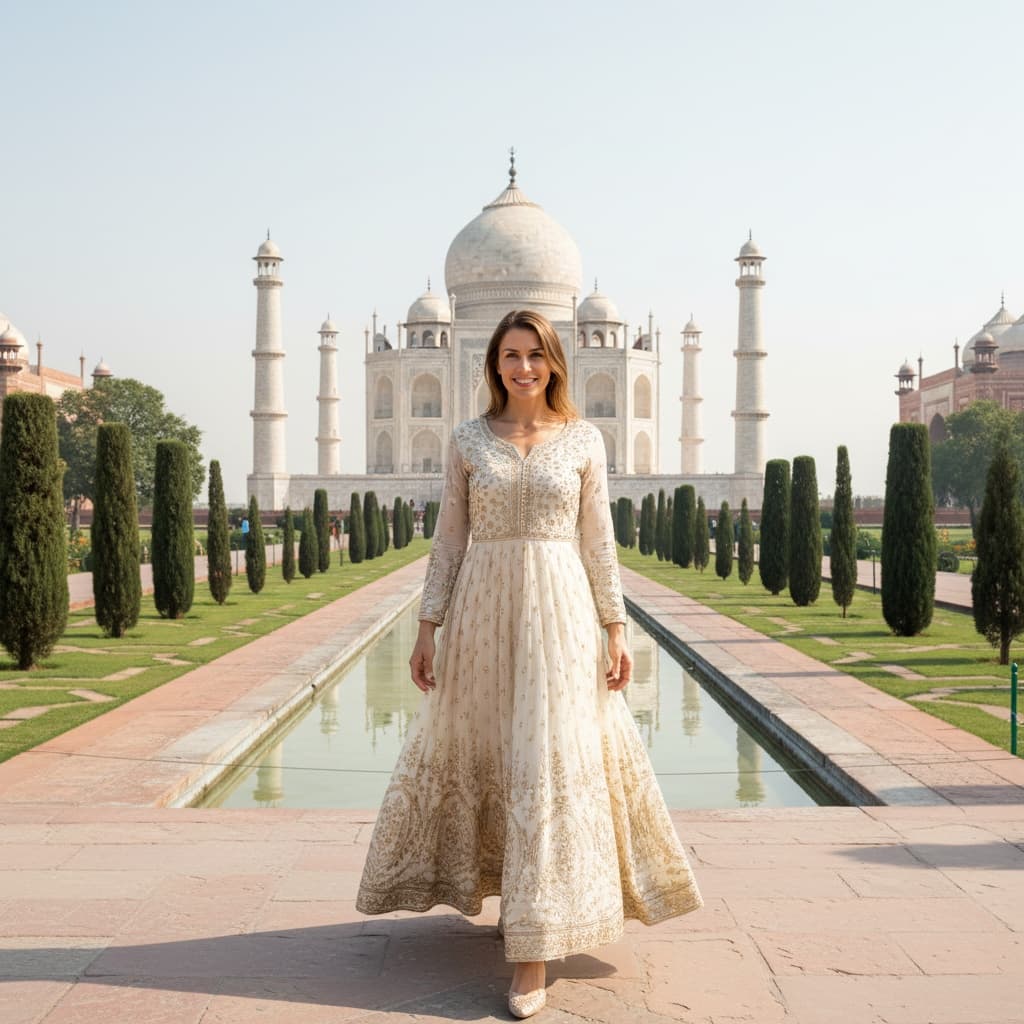 athletic white woman taj mahal garden walk 98188147