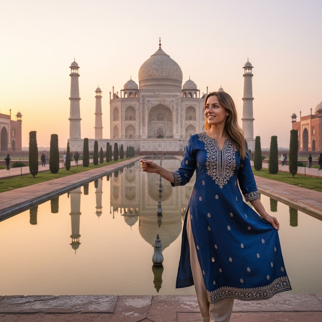 athletic white woman taj mahal sunrise front view 69626135