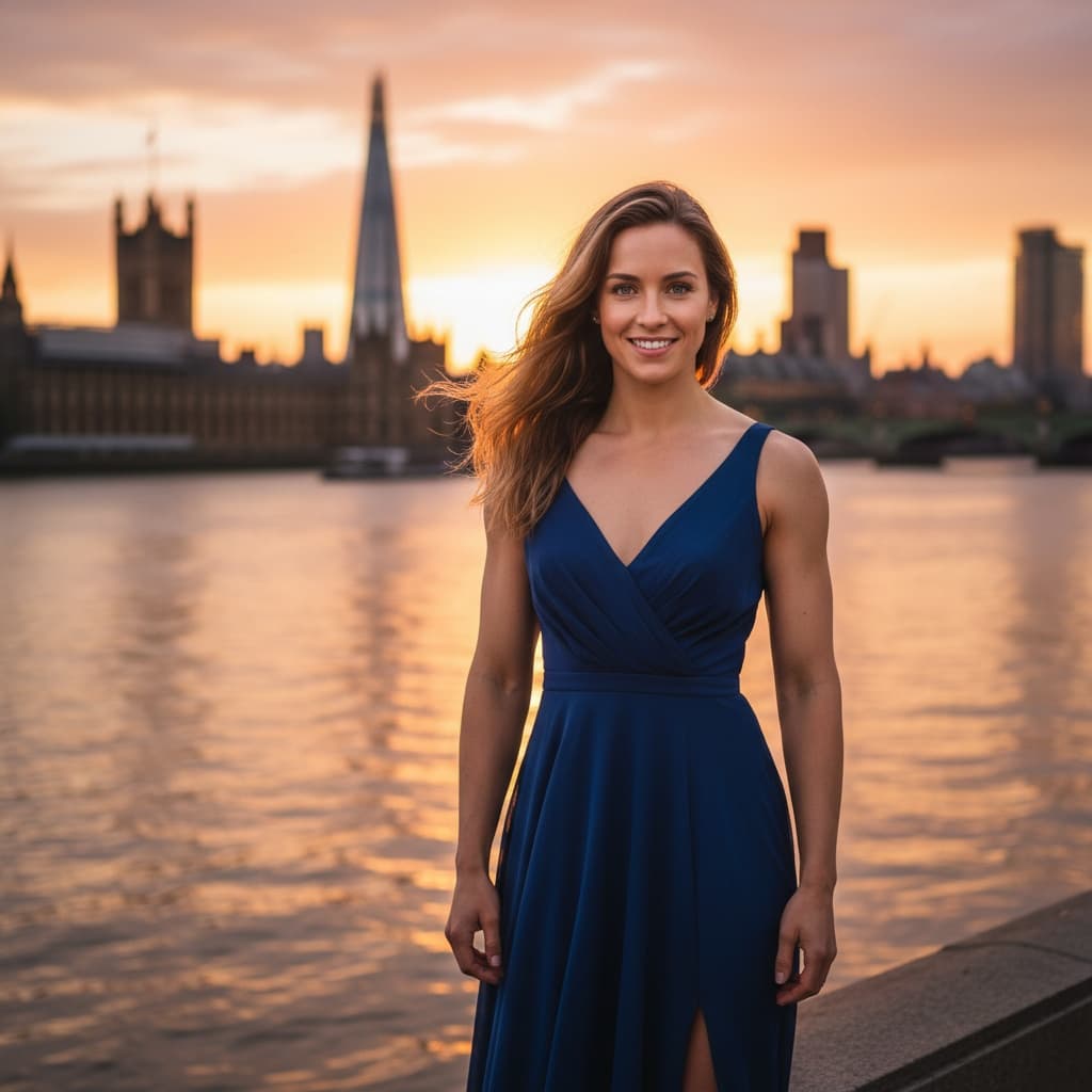 athletic white woman thames river sunset 52800822