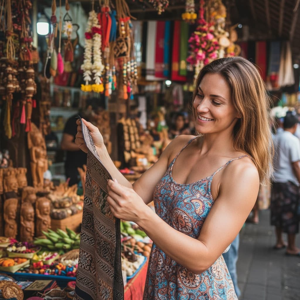 athletic white woman traditional market candid 97467304
