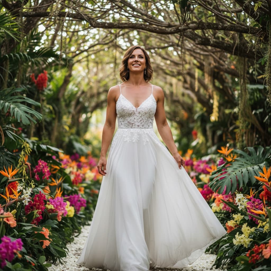 athletic white woman tropical garden ceremony walk 45057594