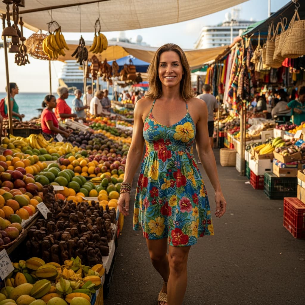 athletic white woman tropical market local culture 56723250
