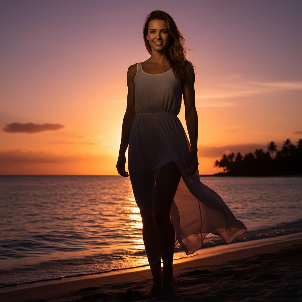 athletic white woman tropical sunset silhouette 76695424