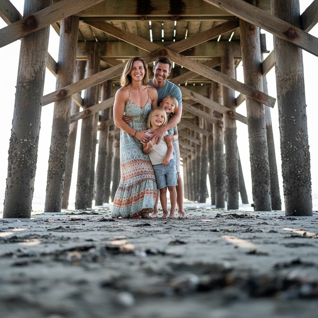athletic white woman under pier unique angle 94441497