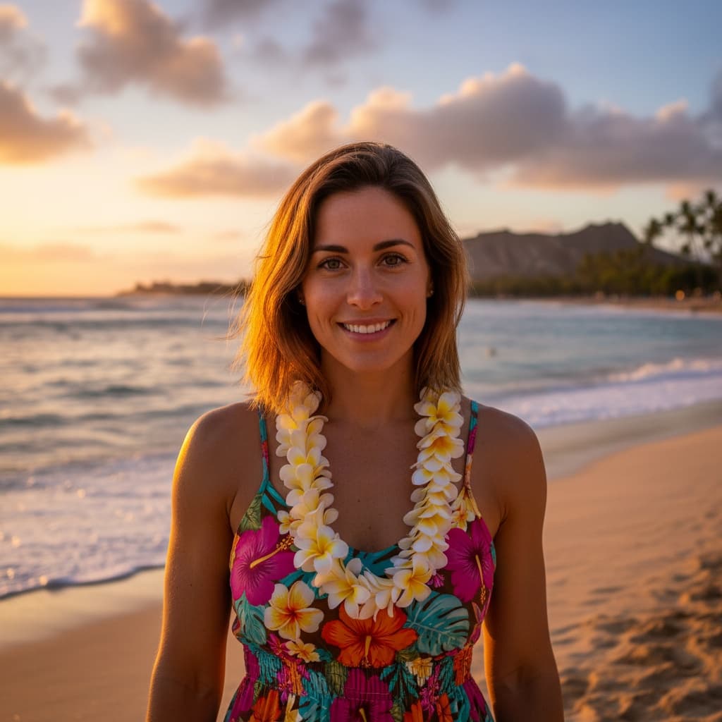 athletic white woman waikiki beach sunset portrait 30329650