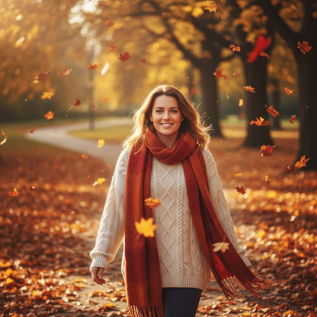 athletic white woman walking through autumn leaves 50254611