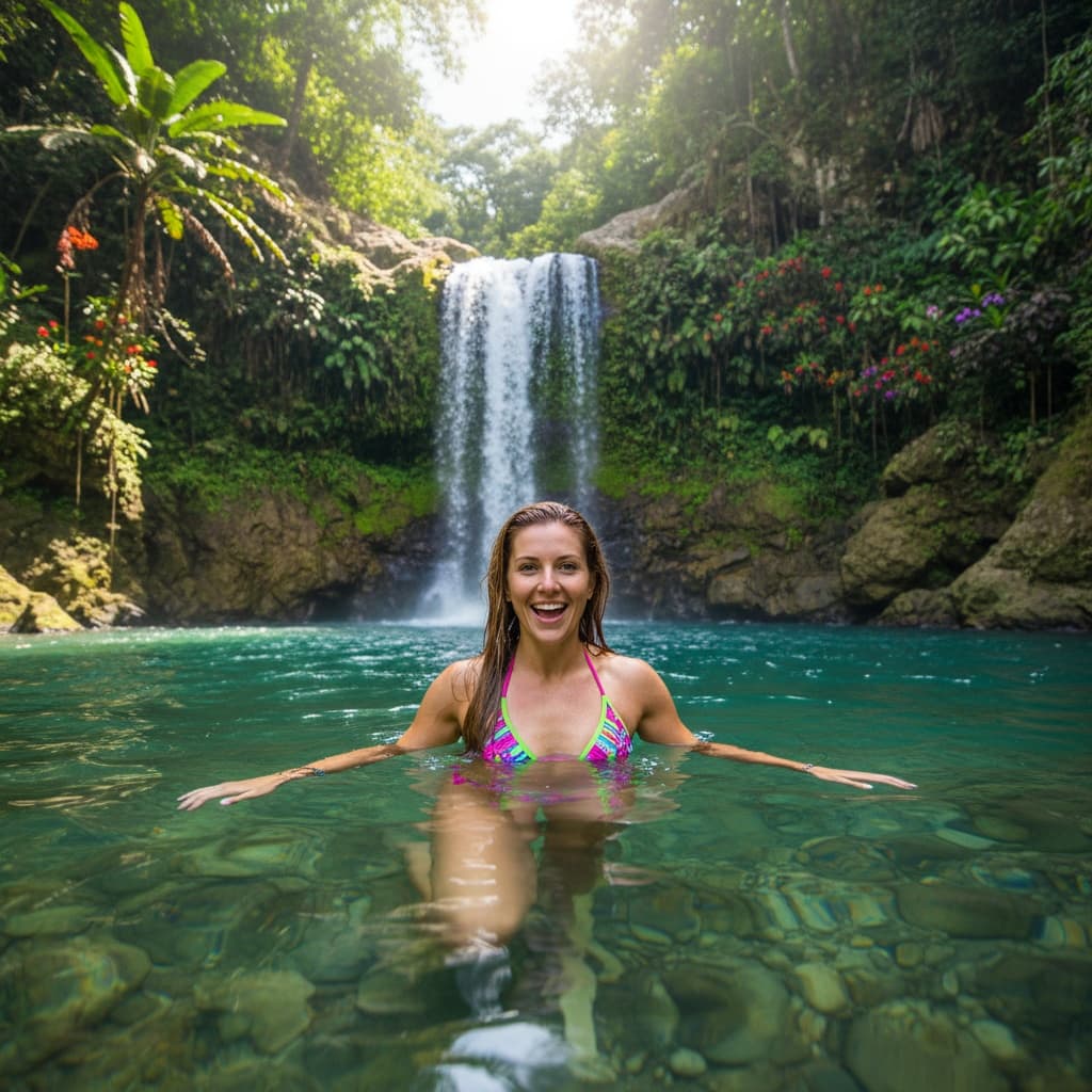 athletic white woman waterfall swimming adventure 74773065