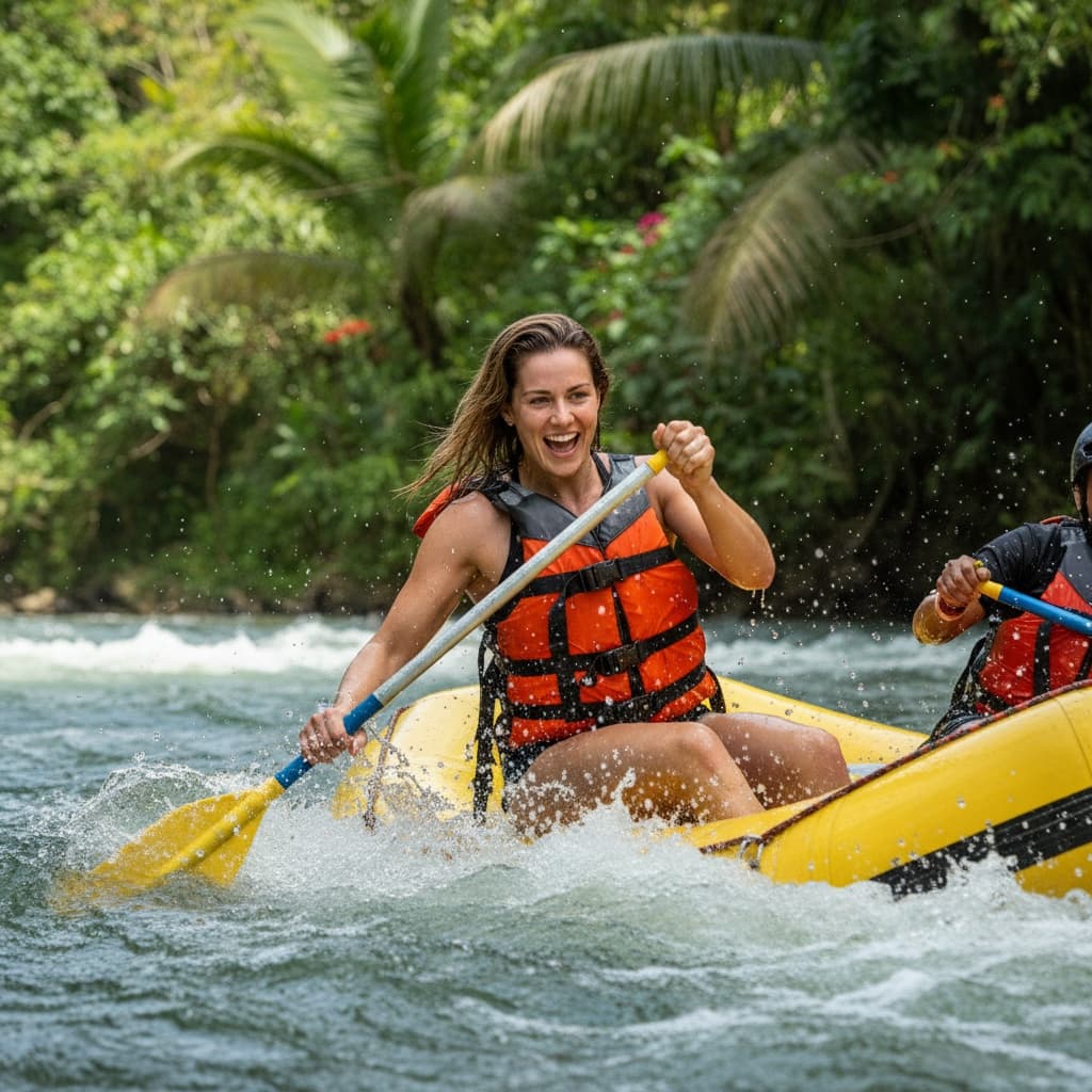 athletic white woman whitewater rafting action 51316378