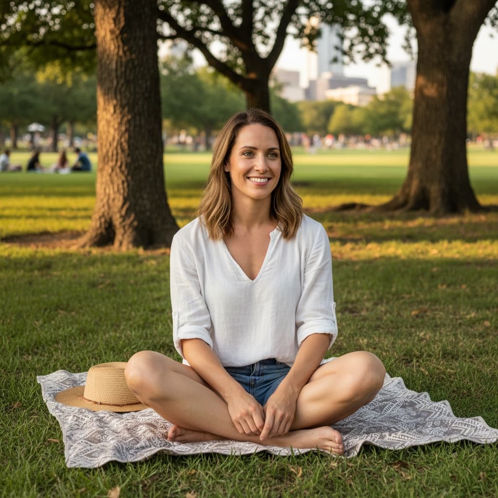 athletic white woman zilker park relaxing 93938327