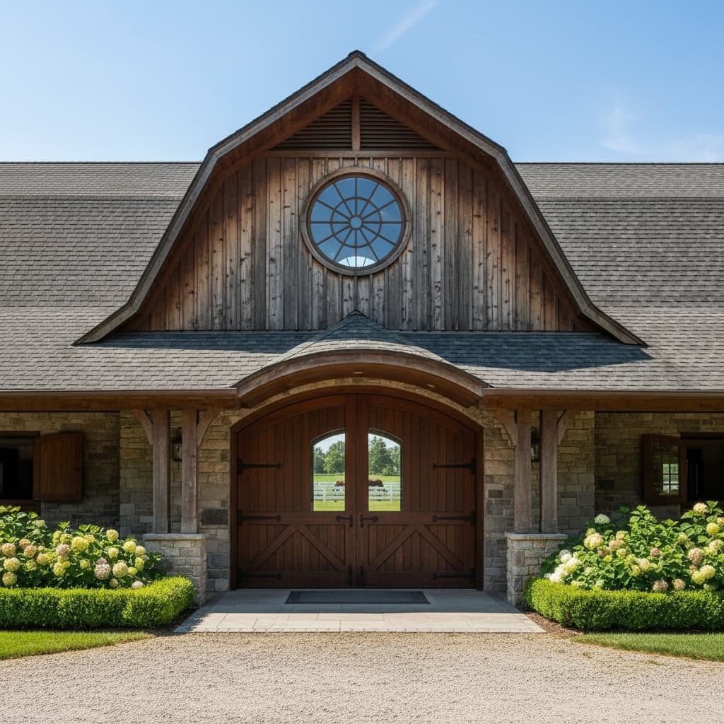 barn exterior with horse 82425621