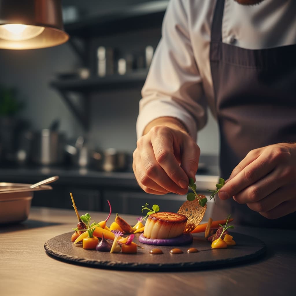 chef hands action plating 34383456