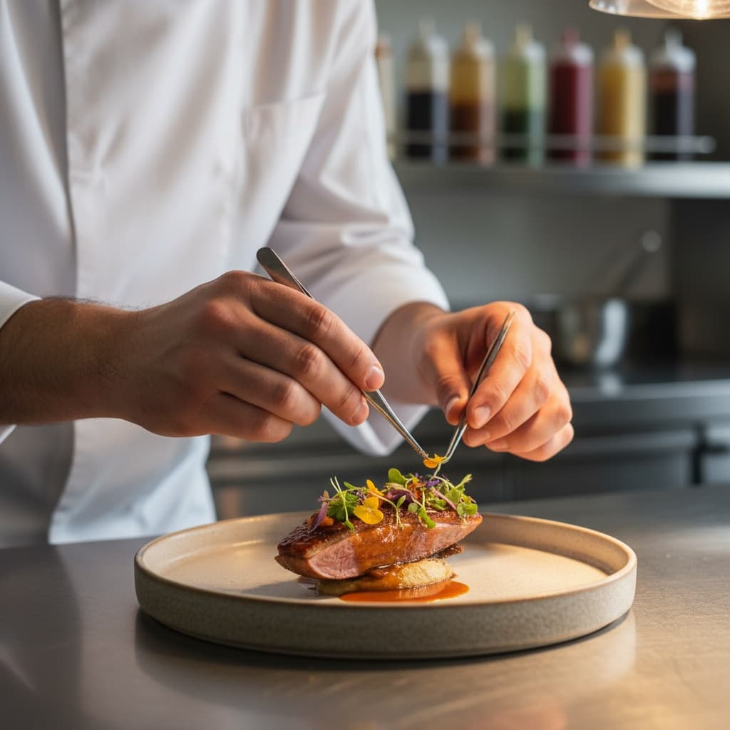 chef hands action plating 87648470