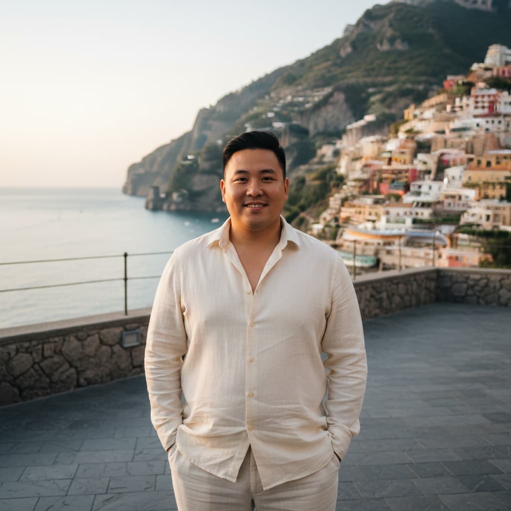 curve asian man amalfi coast cliffside 70998507