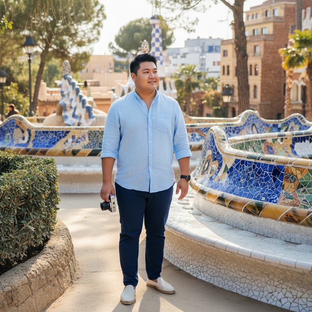 curve asian man barcelona park guell 34491907