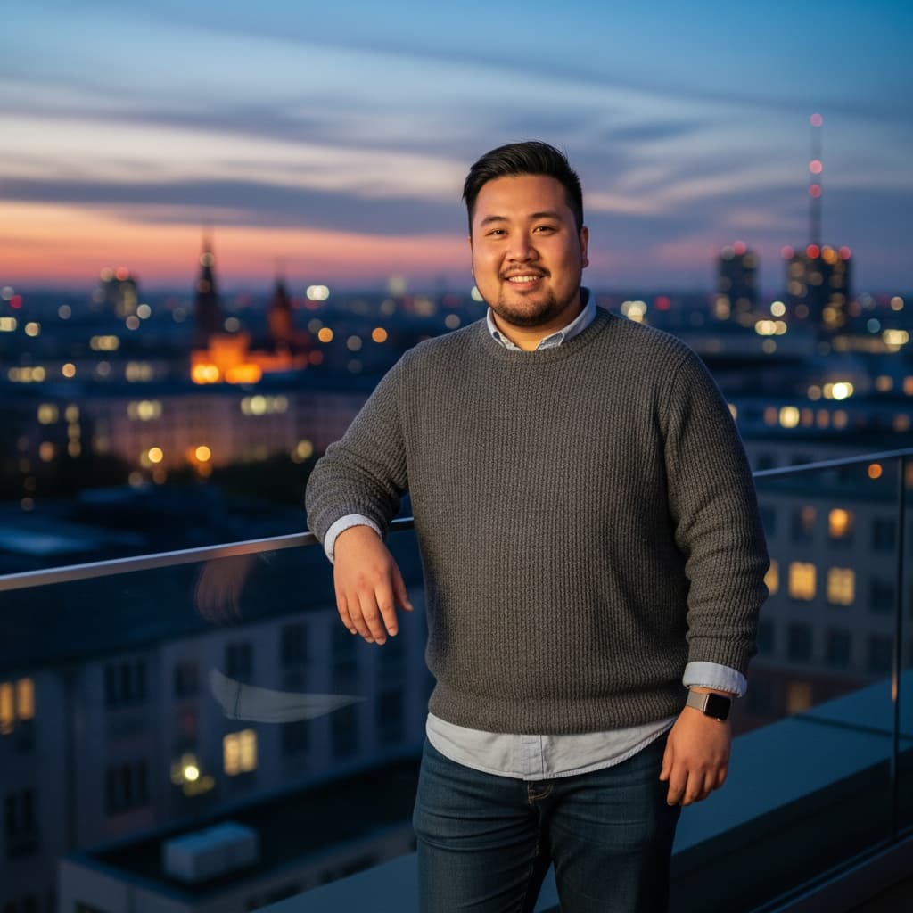 curve asian man berlin rooftop skyline 69095852