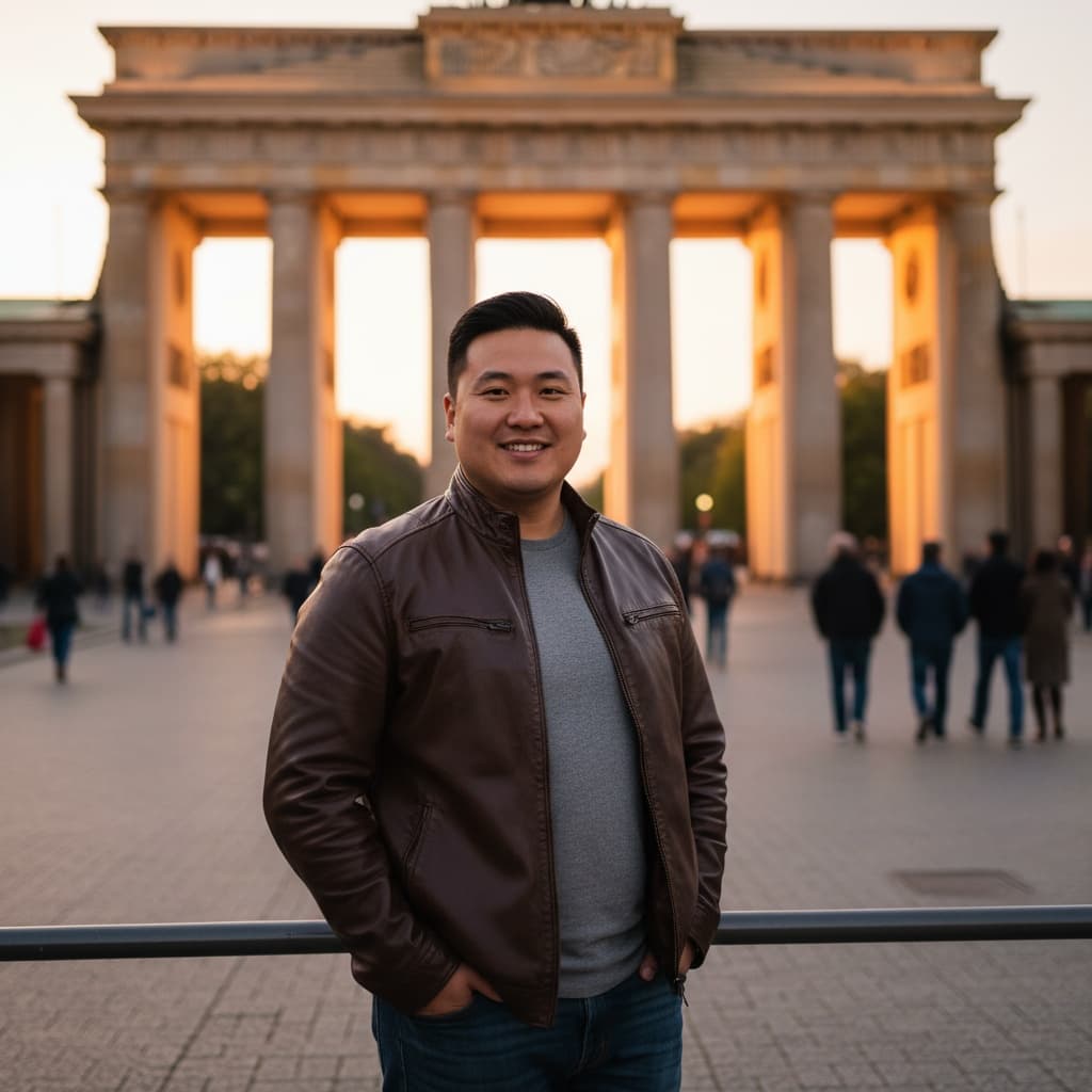 curve asian man brandenburg gate golden hour 54535765