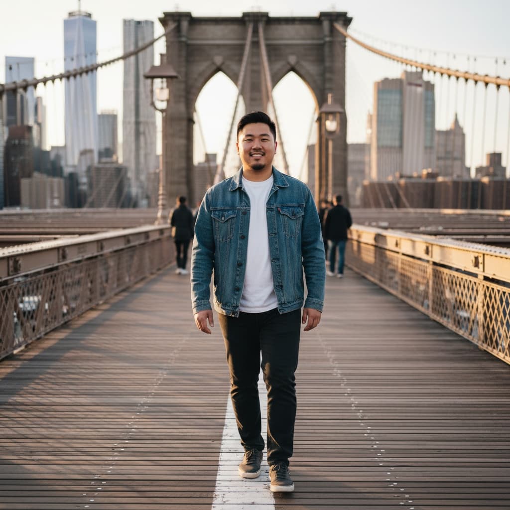 curve asian man brooklyn bridge walkway 59584299