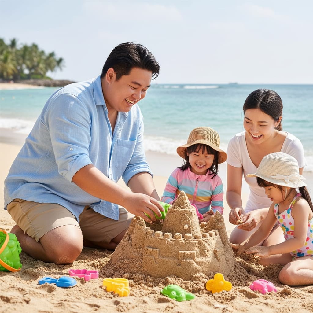 curve asian man building sandcastle playful 83789594