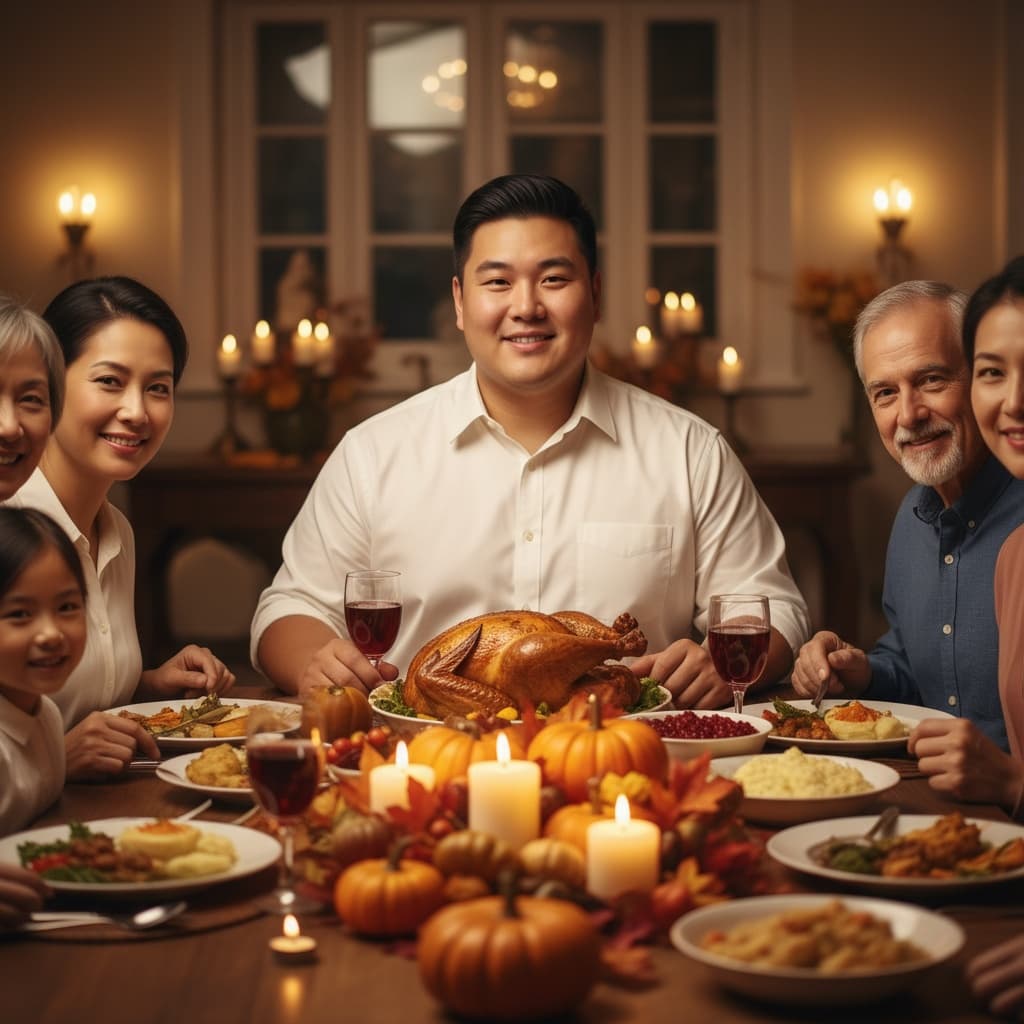 curve asian man dining table thanksgiving dinner 89165295