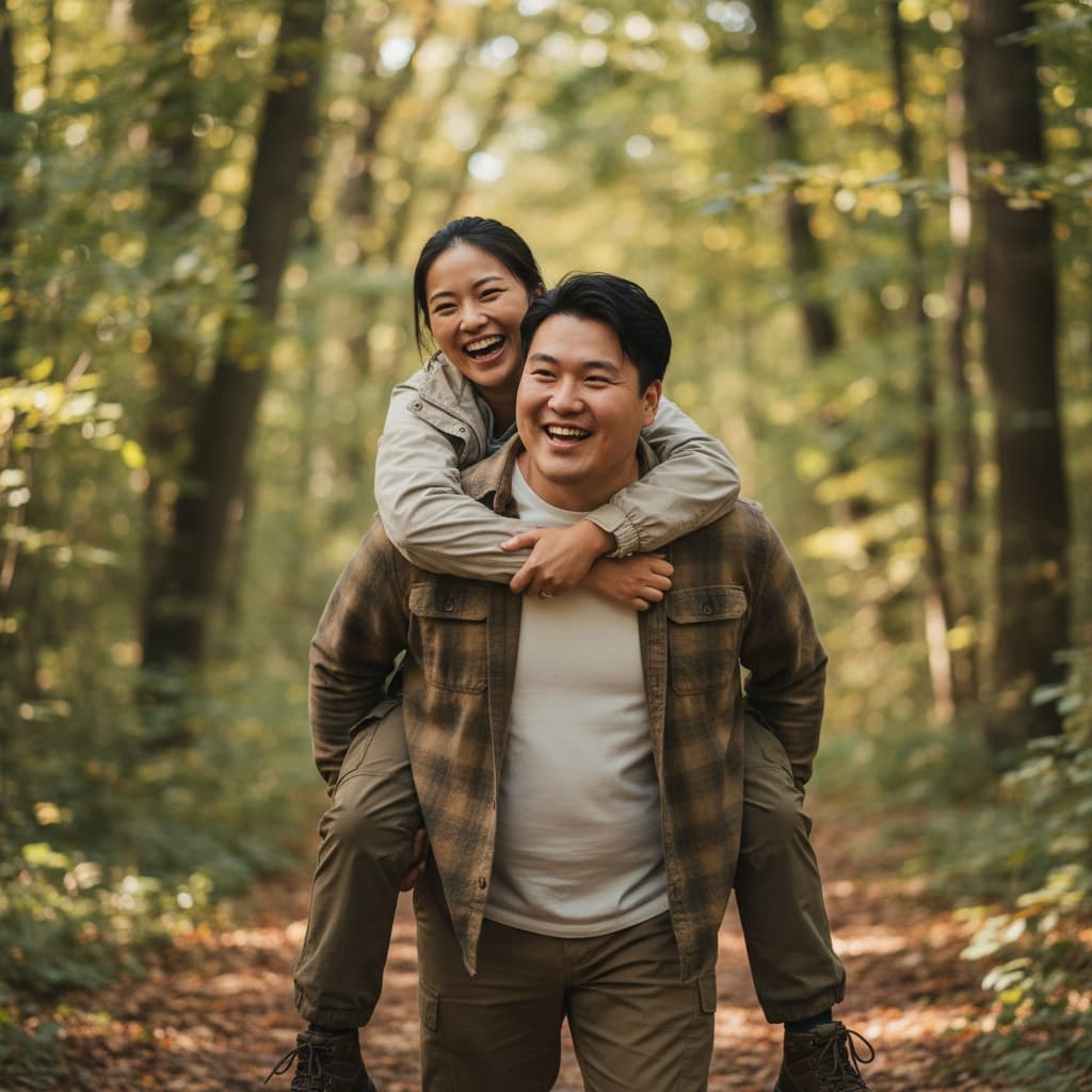 curve asian man forest piggyback playful 79765112