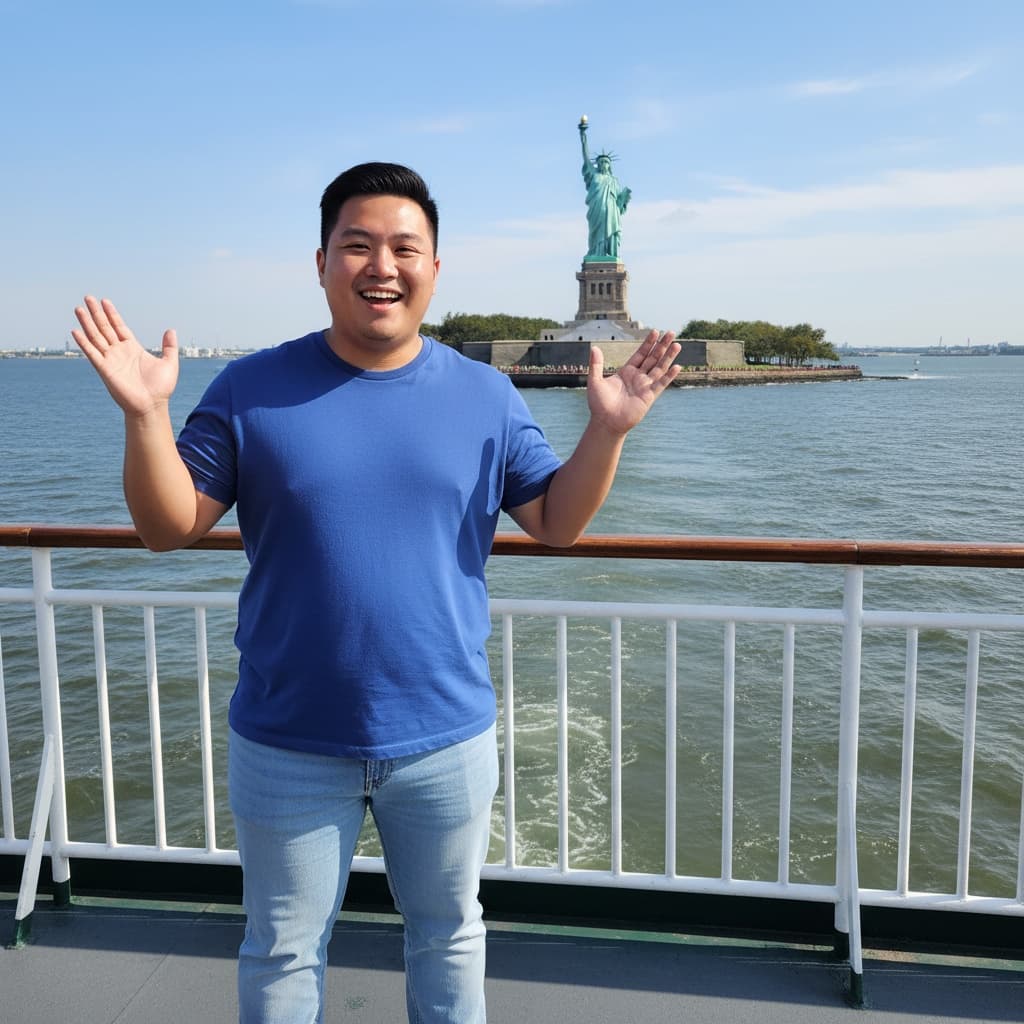 curve asian man statue of liberty ferry 87024689