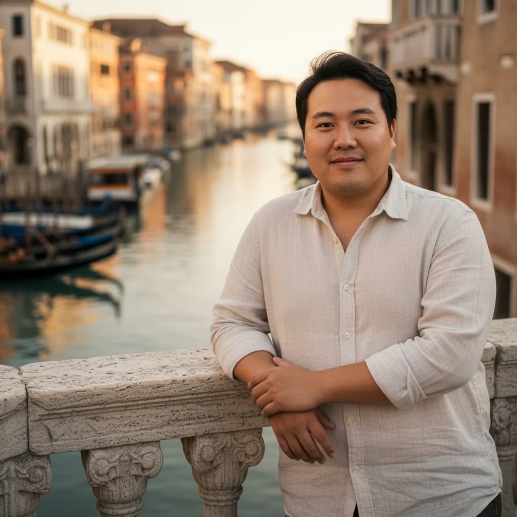 curve asian man waterfront balcony view 77820774