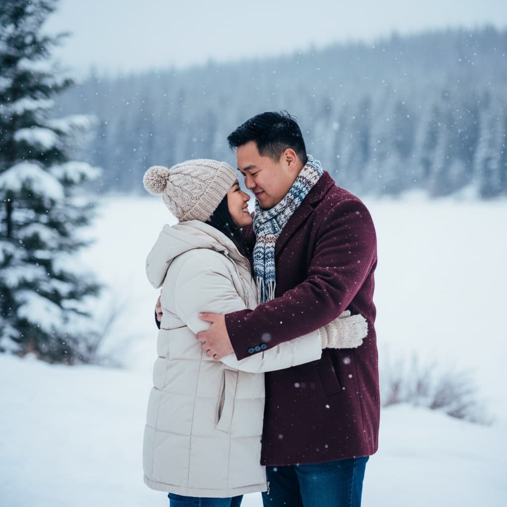 curve asian man winter snow cuddle 20498209