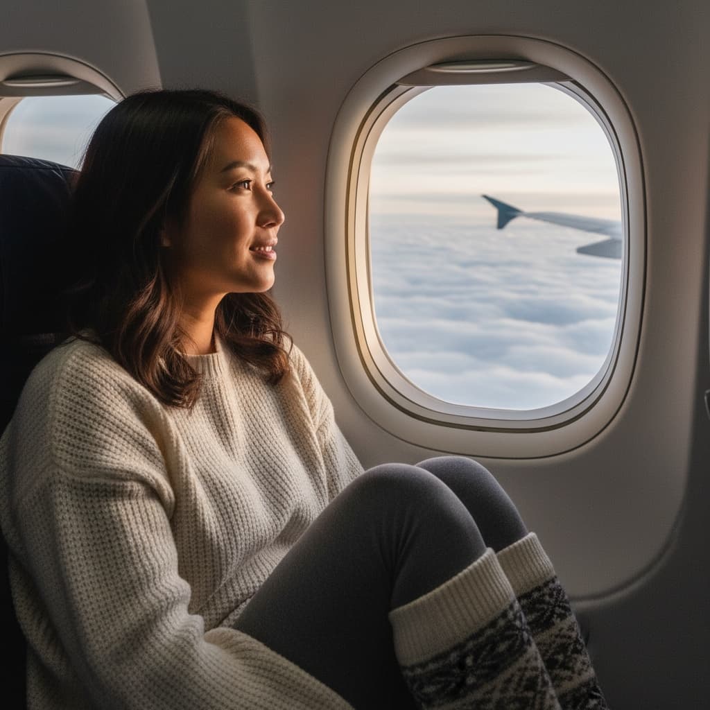 curve asian woman airplane window seat 57961821