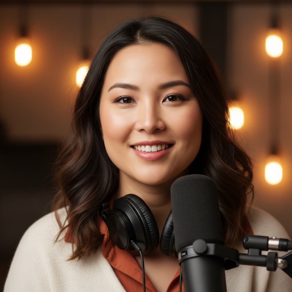 curve asian woman behind microphone recording 79985043